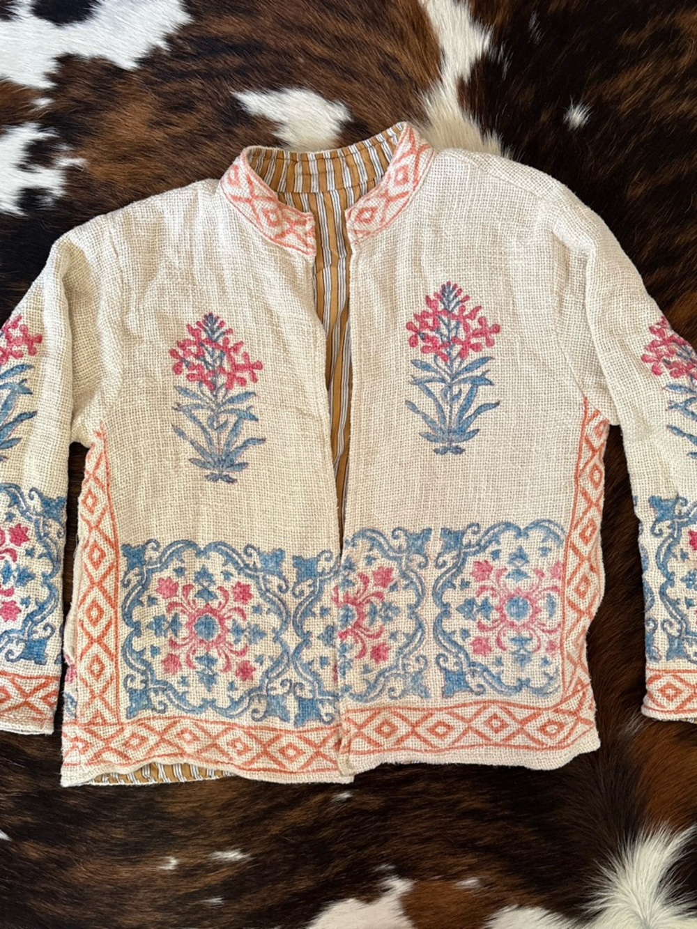 Free People Cream Embroidered Jacket with Blue & Coral Floral Detail